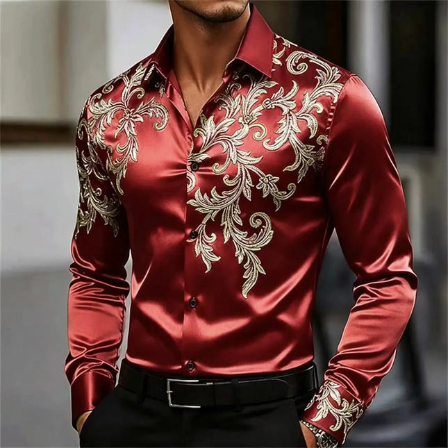 Camisa de satén con estampado paisley para hombre, lujosa, brillante, de manga larga, informal con botones, para fiesta o discoteca