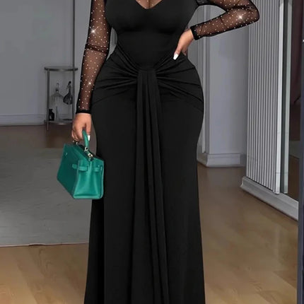 Mesh Patchwork Hollow Sexy Maxi Dress, Women Spring Autumn Long Sleeve Simple Party Dress, New Stand Collar Elegant Ladies Dress
