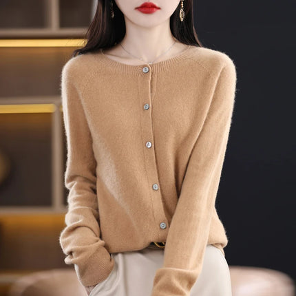 Spring and autumn new women's 100% wool knitted cardigan coat loose O-neck sweater coat fashion solid color coat