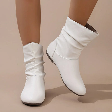 Short Boots Women's White New Pleated Women's Boots Flat Bottomed Versatile Woman Boots Large Size Woman Booties