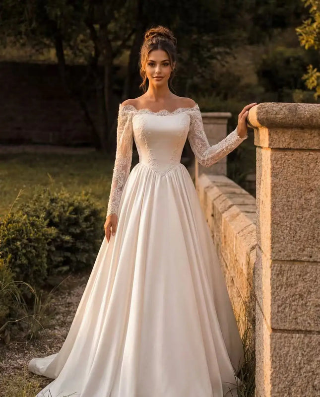 Maßgeschneidertes Luxus-Brautkleid für Mädchen, langärmelig, A-Linie, ärmelloses, besticktes Spitzenbrautkleid, Korsett, Vestido de novia