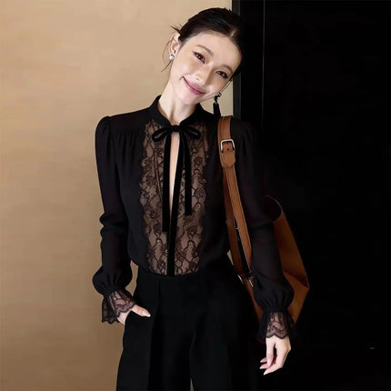 Luxury Black Lace Long Sleeve Top Mesh Sheer V Neck Lace Up Tied T Shirt Elegant Clothes Casual Basic Tees