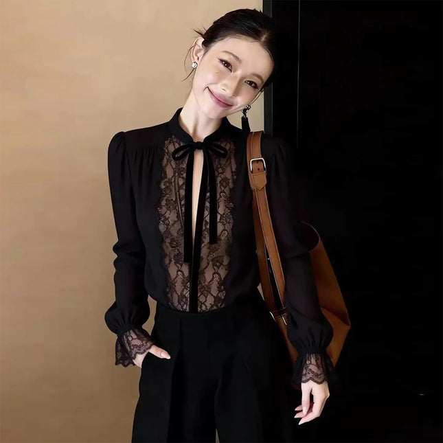 Luxury Black Lace Long Sleeve Top Mesh Sheer V Neck Lace Up Tied T Shirt Elegant Clothes Casual Basic Tees