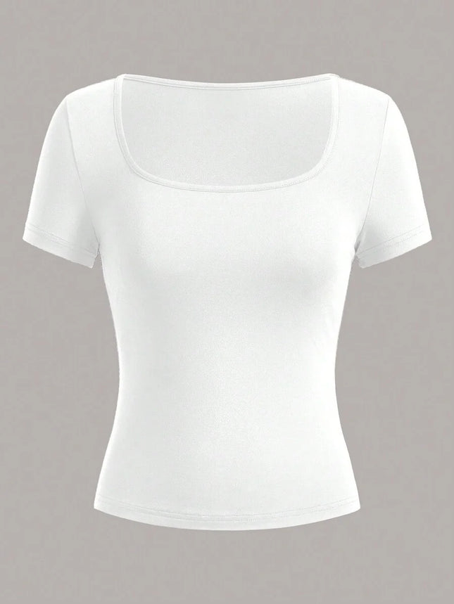 Vibrant Square Neck T-Shirt in Solid Color - Spring and Summer Classic Casual Short Sleeve T-Shirt - product image 4
