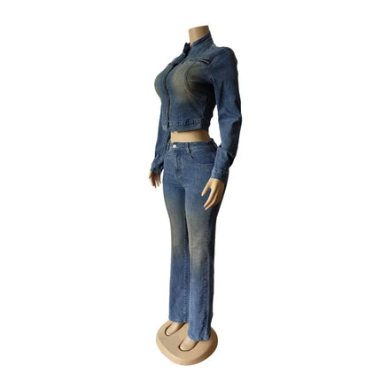 Streetwear Jeans Pants Outfits Sexy Women Two Pieces Elegant Denim Club Matching Set Jacket+Trousers
