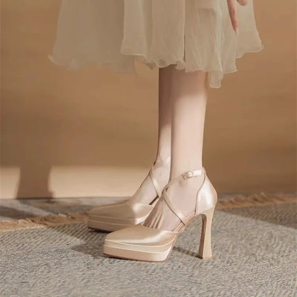 Pointed Toe Shallow Mouth Block Heel Hollow Platform Super High Heel Single Shoes Women's Anti-Slip Wear-Resistant Shoes