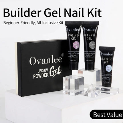 Ovanlee 13pcs gift box packaging,Builder Gel, Nail Cleanser, Base Coat, Bonder, Top Coat, UV/LED Nail Lamp, Nail Forms