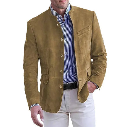 Men Blazers Solid Stand Collar Suits Single Breasted Blazer Business Jackets Long Sleeve Outerwear Cardigan Button Loose