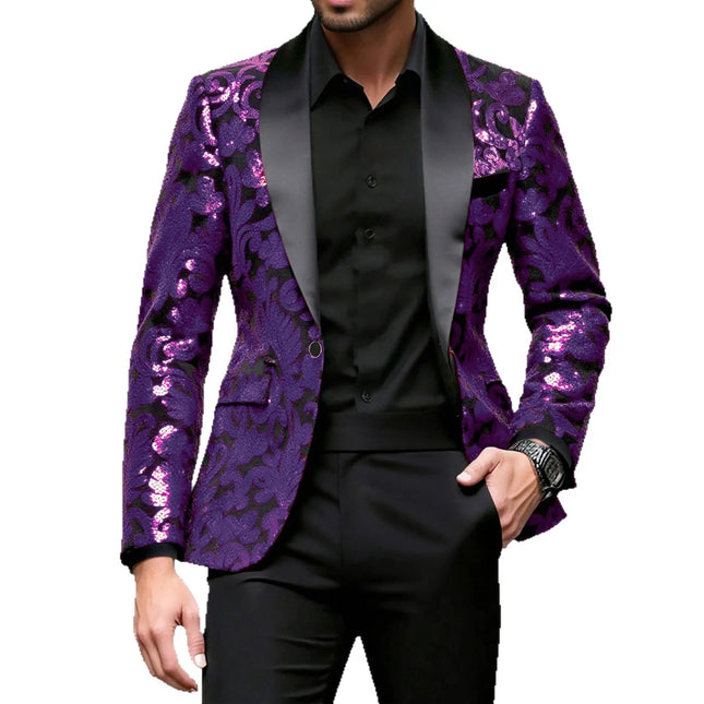 Lila Herren Sakko mit langen Ärmeln, Paillettenbesatz, Ein-Knopf-Design, Bühnenperformance Oberbekleidung, europäische Größen Blazer.