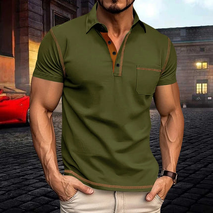Men Polo Shirt Short Sleeve Contrast Stitch Chest Pocket Stretch Regular Fit Breathable Business Golf Summer Travel Casual Tops