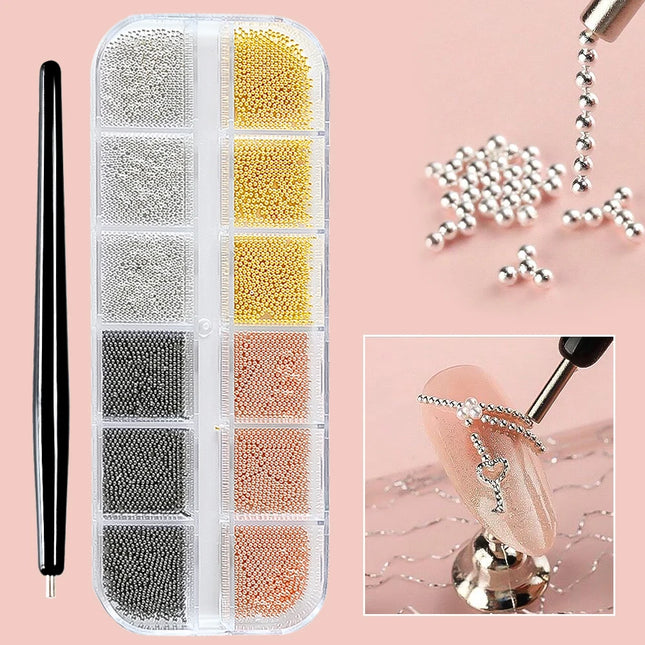 12 Rejillas Oro/Plata Mini Perlas de Caviar Decoraciones de Uñas Bolas Metálicas Micro Encanto de Uñas con Pluma Magnética 3D Mini Gema de Uñas de Caviar