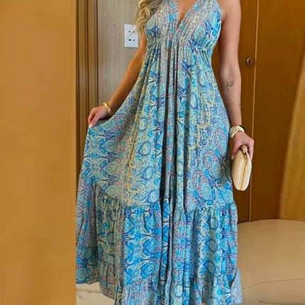 CPSYMYM Womens Dresses Summer Retro Vintage Tribal Print Halter Neck Deep V-Back Lace Up A-Line Flared Dress with Ruffled Hem