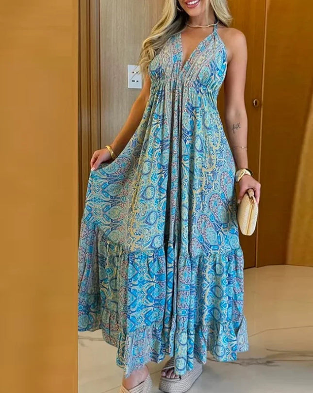 CPSYMYM Damenkleider Sommer Retro Vintage Tribal Print Neckholder Tiefer V-Ausschnitt zum Schnüren A-Linien-Kleid ausgestellt mit Rüschensaum