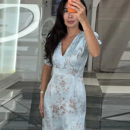 Elegant Floral Printed Satin Dress Pleated V-Neck Short Puff Sleeve Bodycon Dresses 2026 Spring Women Vintage Vacation Chic Gown