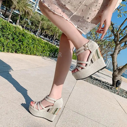 2026 Summer New Line One Button Ultra High Heel Slope Heel Waterproof Platform Ethnic Style Thick Sole 12-14-16cm Women's Sandal