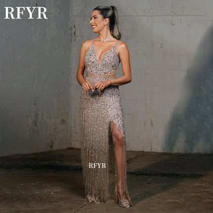 RFYR Shiny Evening Dress with Tassels Luxury Party Dress Prom Dress Beading Party Dress for Women Vestidos De Noche Customized