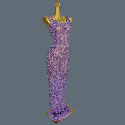 Women Sparkly Rhinestone Purple Couture Birthday Party Sexy Ball Long Dress Elegant See Through Mesh High-end Event Dress Zixia