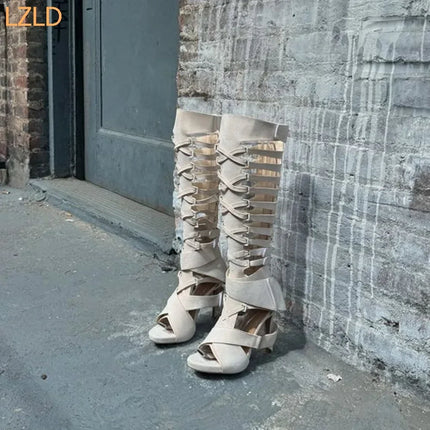 White Hollow Roman Belt Buckle Women's Boots 2025 New Sexy Model Catwalk Knee-High Thick Heels Fashion Party Casual Long Boots