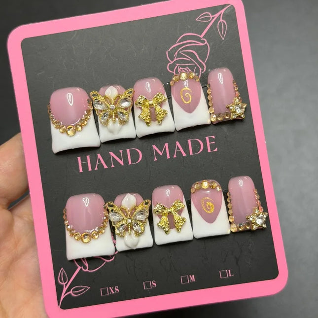 Nuevo diseño elegante de lujo de alta gama, mariposa tridimensional pintada a mano, lazo, diamantes brillantes, uñas postizas hechas a mano