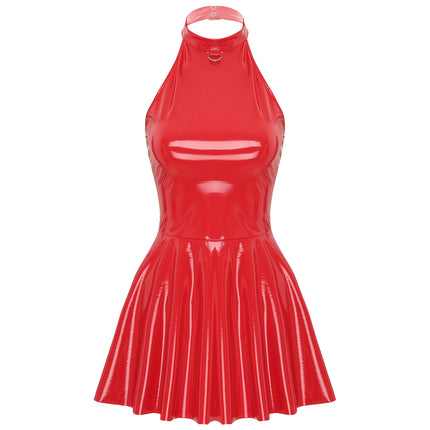 Womens Glossy Patent Leather Latex Dress Halter Skater A-Line Bodycon Mini Dress Swing Skirt Rave Disco Pole Dance Costume