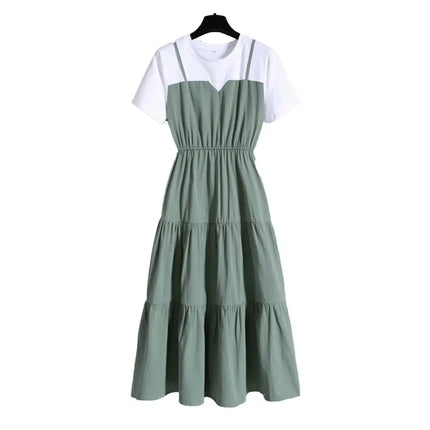 2024 Fashion Strap Fake Two piece Dress Block Summer Short sleeved Dress Women's Waist Tight Dress