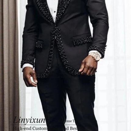 Luxury Beaded Crystals Men Suits Customized Groom Tuxedos 2 Pieces Sets Male Prom Blazers Slim Wedding Terno Masculino Completo
