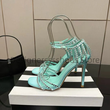 Round Toe Rhinestone High Heel Sandals 10.5CM Luxury Crystal Women Party Dress Sandals Sheepskin Lining Italian Genuine Leather