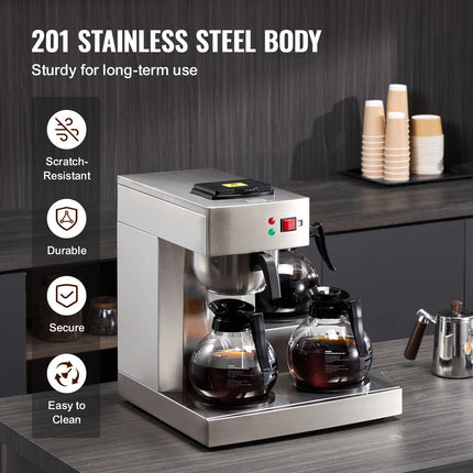 SucceBuy 12 Cups Commercial Drip Coffee Maker Coffee Maker Machine with 3 Glass Carafes 3 Warmer Plates Stainless Steel for Cafe