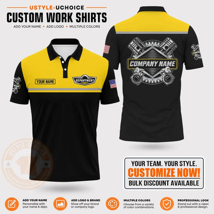 Custom Mechanic Work Pattern Polo Shirt Personalized Name Logo Uniform With Piston Print For Men Women Casual Quick Drying Tees