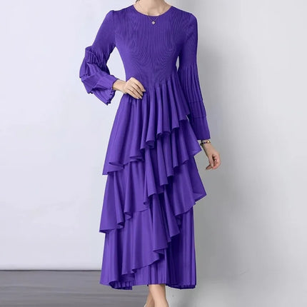 XFPV Elegant Fashion Style Women's Beautiful Dress Long Sleeves Round Neck Pleated Irregular Dresses For 2025 Autumn New 22D2441