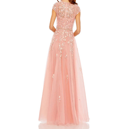 Customized A-line Evening Dresses Floor-length High-neck Full Sleeve Prom Gown Fashion Flowers Sequined Simple Draped Party Gown