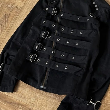 Mens Jacket Dark Streetwear Strap Cargo Coat Harajuku Unisex Cropped Fit Metal Buckle Stand Collar Fashion Trend Arrival Coat
