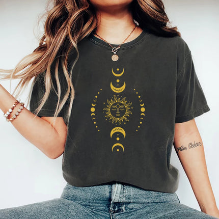 Sun and Moon Stars T-Shirt Celestial Tshirt Boho Sun Moon T-Shirts Women Short Sleeve T Shirts Retro Mystical Tee Women Clothes