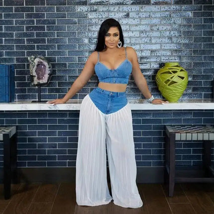 Streetwear Denim Wide Leg Pants Outfit Sexy Women Two Pieces Casual Tracksuit Set Elegant Patchwork Club Matching Set