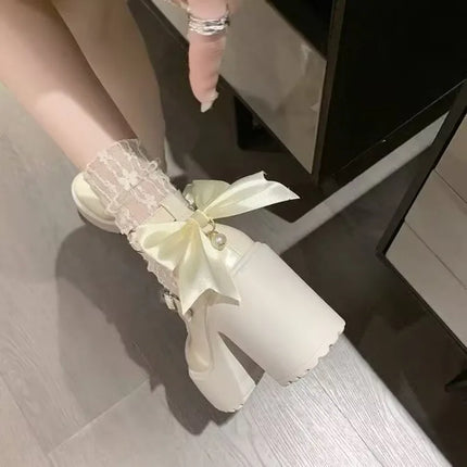 Super High Heel Single Shoes Autumn New Round Toe Shallow Mouth One Strap Platform Bow Non-slip Block Heel Shoes