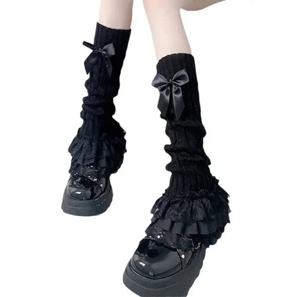 Japanese Women Knitted Leg Warmer Bow Tiered Ruffled Socks Girl Lace Lolita Socks Calf T-shaped Lace Leg Horn Warmers Women
