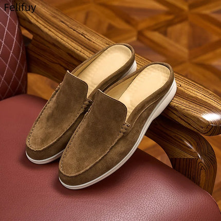 Apricot Men's Cow Suede Leather Slip-on Loafers British Style Flat Casual Dress Boat Shoes Lightweight Comfort Moccasins for Men
