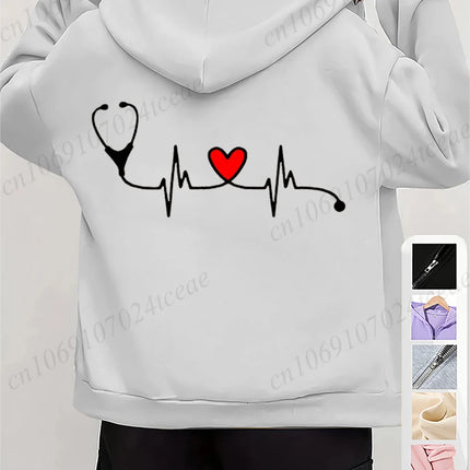 Women's Autumn Winter Hoodies Stethoscope EKG printed zipper Hooded Jackets Nursing Zipper Pocket Sweatshirt Nurse Life Outwear