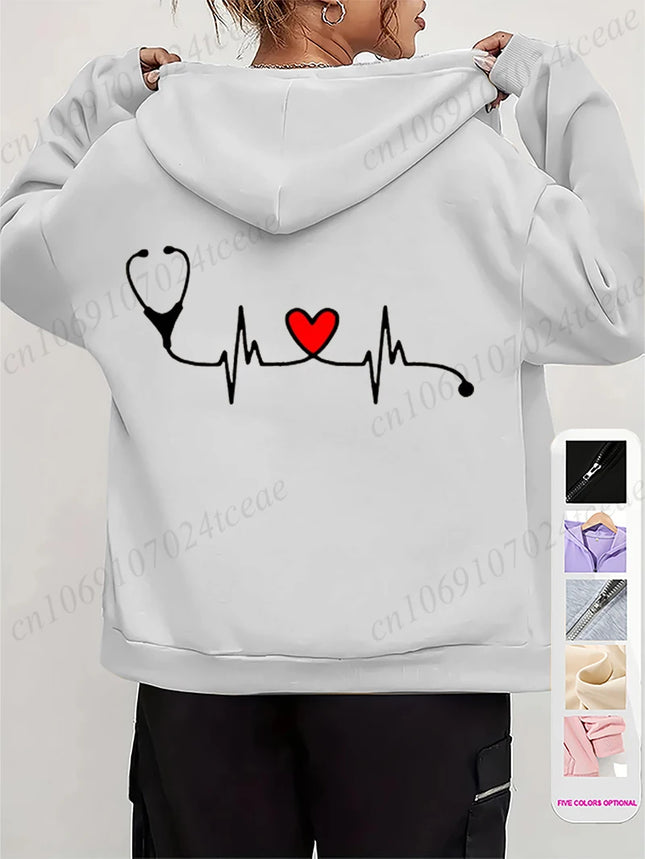 Damen Herbst Winter Hoodies Stethoskop EKG bedruckt Reißverschluss Kapuzenjacken Pflege Reißverschlusstasche Sweatshirt Nurse Life Oberbekleidung