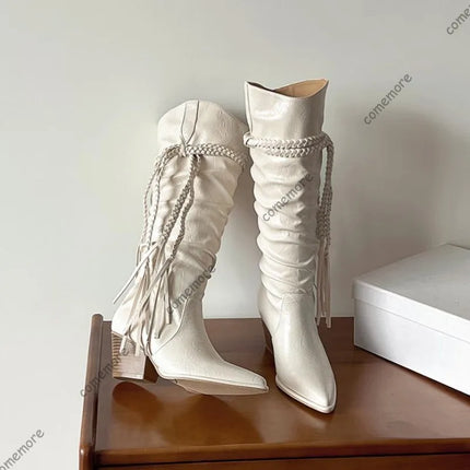 Comemore White Retro Platform Knee High Boots Thick High Heels Shoes for Women Fashion Autumn Stacked Long Knight Botas Female