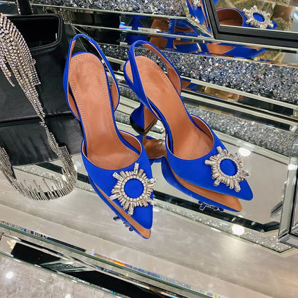 2025 European and American Women's New High Heel Sandals Sunflower Water Diamond Buckle High Heels Pointed Heel Satin Shoes