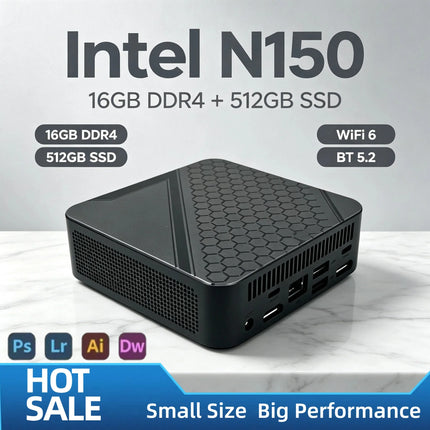 2026 Intel N150 Mini PC 16GB DDR4 M2 NVMe SSD 512GB Triple 4K WiFi6 BT52 Silent Cooling Office Home Desktop Pro Ultra