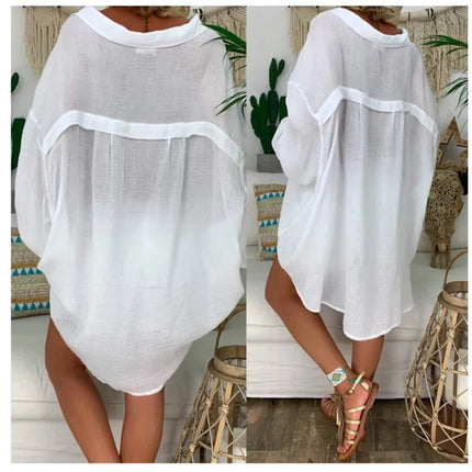Summer Long Sleeve Shirt Women's Button Loose Casual Shirt Beach Wear Top Swim Cover Up Solid Color Loose Shirts ladies clothes