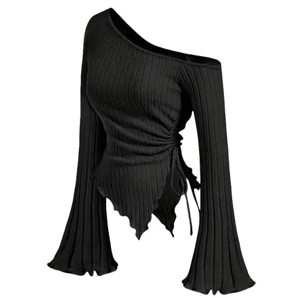 Women's Off-Shoulder Cross Long-Sleeved Slim Fit T-Shirt Asymmetrical Street Style Casual Elegant Top with Trumpet Sleeves