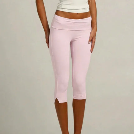 Individuality Low Rise Split Hem Length Skinny Pants Women Solid Fold Over Capri Leggings Casual Summer Streetwear Yoga Pants