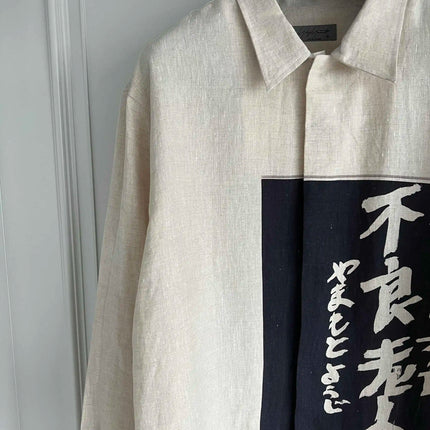 TOP-YAMAMOTO original design, French linen, bad old man printed linen shirt, light-colored gentleman