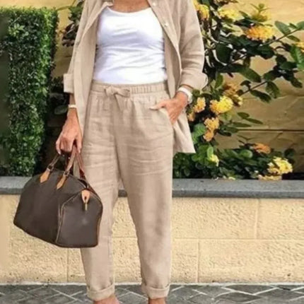 Spring Autumn New Cotton Linen Roll Up Sleeved Shirt Women's Suit Fashion Pocket Elastic Waist Female Office Pants 2 Piece Set
