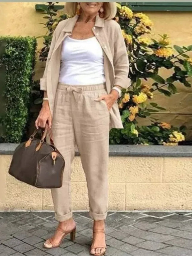 Frühling Herbst Neues Baumwoll-Leinen-Hemd mit Rollärmeln Damen Anzug Mode Tasche Elastische Taille Damen Bürohosen 2-teiliges Set