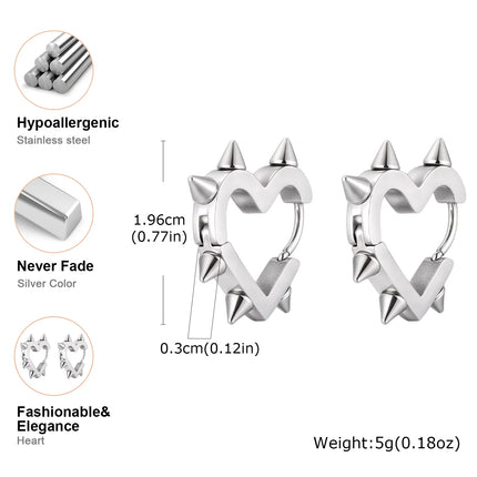 Creative Gothic Punk Rivet Heart Hoop Earrings, Stainless Steel Geometric Piercing Earrings, Unique Cool Jewelry for Party