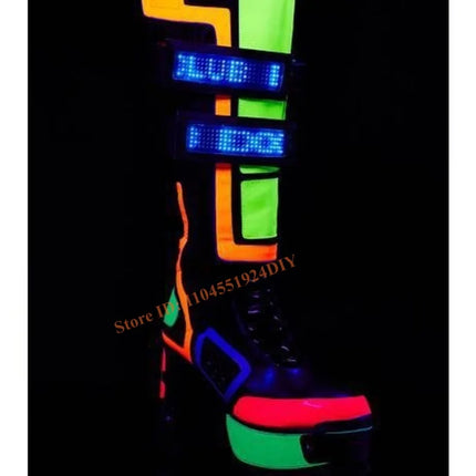Club Punk Style Knee High Boots Colorful Platform Heels Cybertron Babe Boots Womens Neon Lug Heel Bling Straps Long Boot